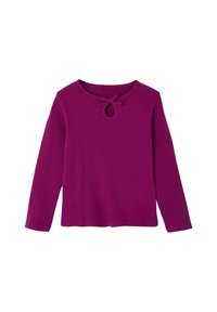 Lila gestreifter Langarm-Top mit runder Ausschnitt und einem kleinen Schlitzdetail, das eine Schleifenakzent am Hals aufweist.