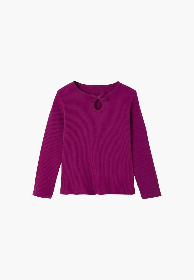Lila gestreifter Langarm-Top mit runder Ausschnitt und einem kleinen Schlitzdetail, das eine Schleifenakzent am Hals aufweist.