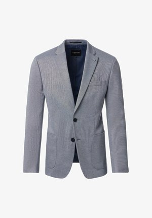 Grau blazer aus strukturiertem Stoff, einreihiges Design, zwei Vordertaschen, spitz zulaufende Revers und marineblaues Innenfutter mit Knopfverschluss.