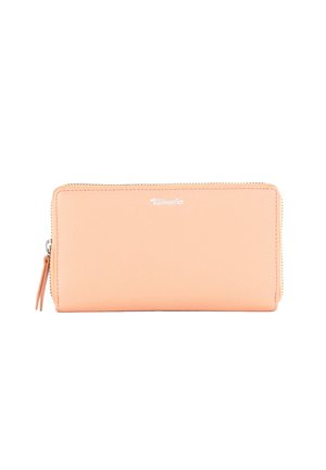 Peach leather wallet with a textured finish, featuring a silver zip closure and a small side tassel; sleek rectangular shape.
