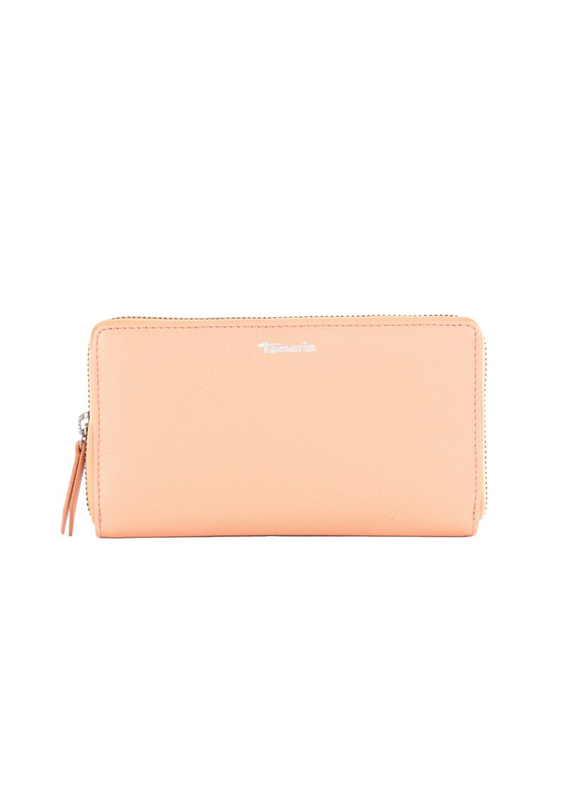 Peach leather wallet with a textured finish, featuring a silver zip closure and a small side tassel; sleek rectangular shape.