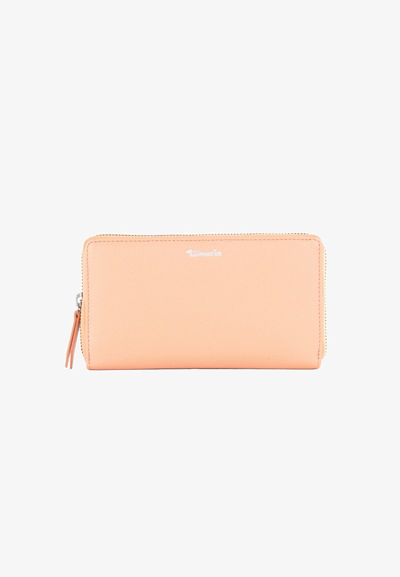 Peach leather wallet with a textured finish, featuring a silver zip closure and a small side tassel; sleek rectangular shape.