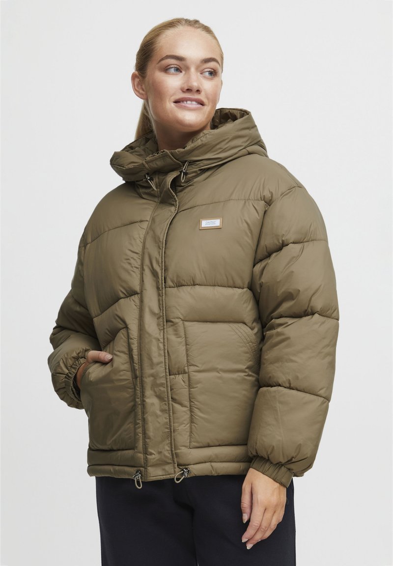 Olive green puffer jacket with a hood, featuring a zipper closure, elastic cuffs, and a small logo patch on the chest. Textured panels on sides.