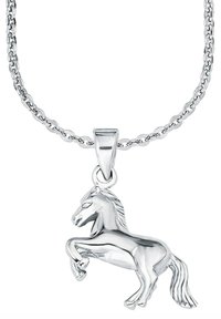 Ciondolo a forma di cavallo argentato su una catena metallica, con incisioni dettagliate del cavallo in posizione di alzata, finitura lucida e maglie.