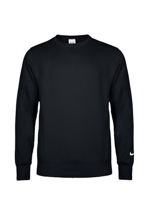 Sweat-shirt noir à manches longues Nike avec col rond, poignets et ourlet côtelés, et petit logo Nike swoosh blanc sur le poignet gauche.