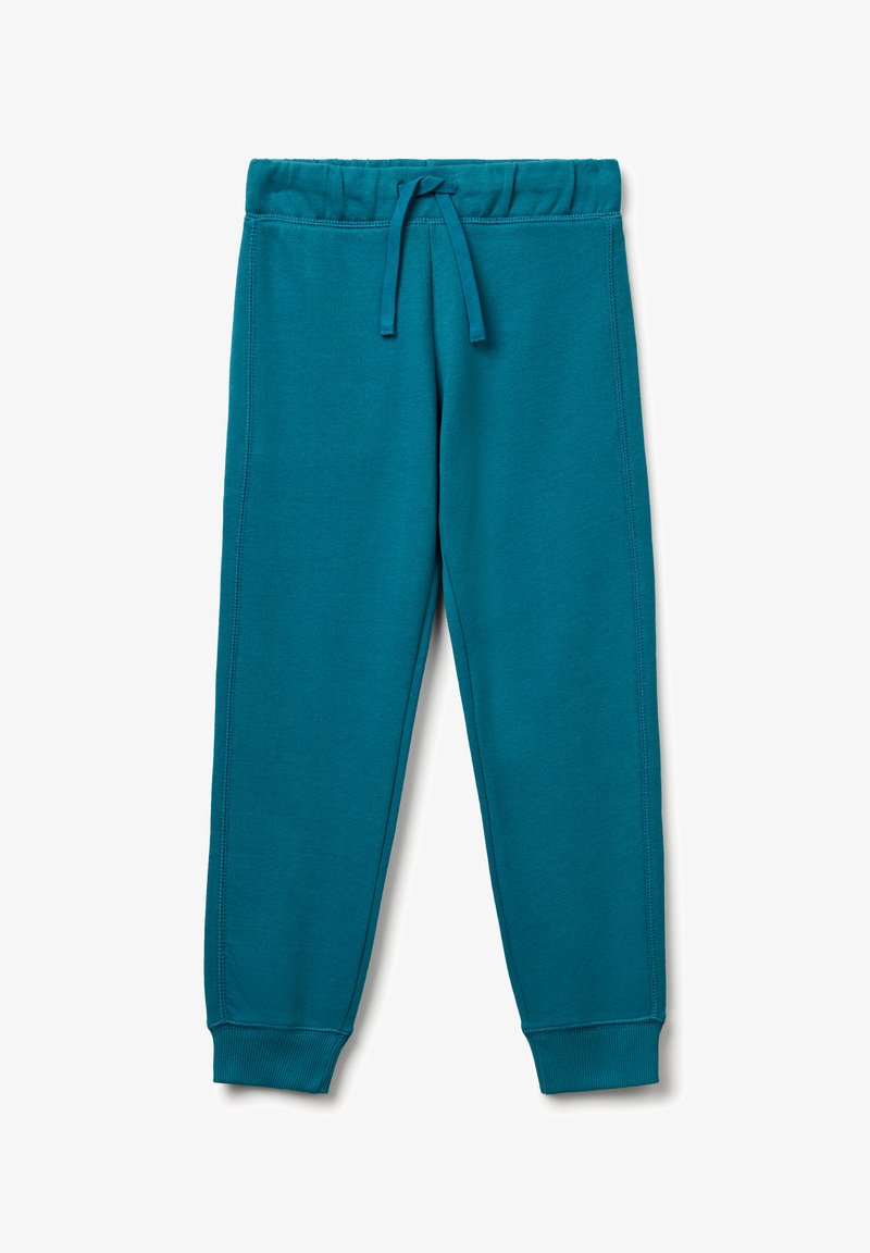 Pantalones deportivos color verde azulado con cintura elástica, cordón y puños acanalados. Hechos de un tejido suave y texturizado. No se ven bolsillos.