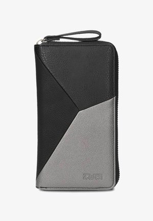 Black and silver leather wallet with a geometric design, featuring a textured black section and a smooth silver section. Detachable wrist strap.