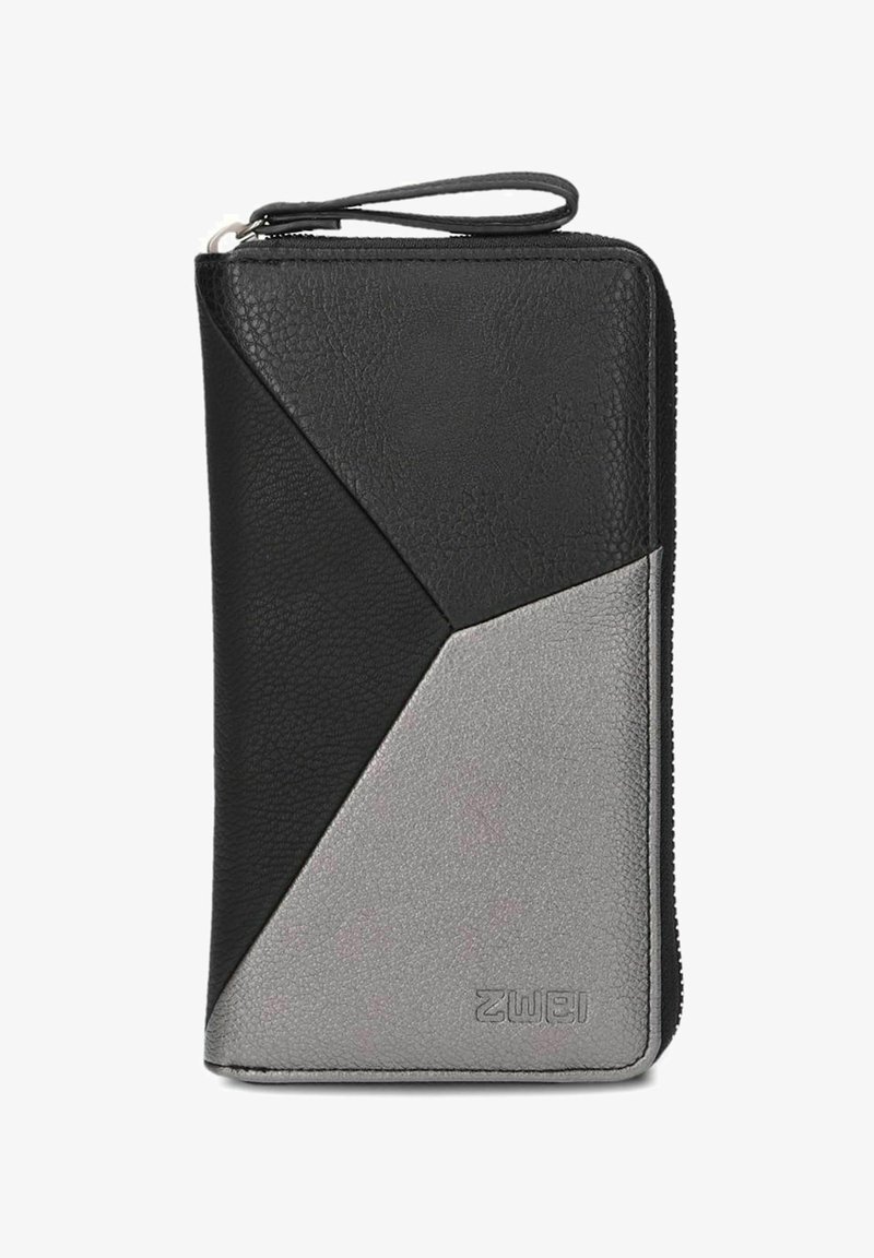 Portafoglio nero e argento con finitura testurizzata, caratterizzato da un design geometrico e chiusura con cerniera. Include un cinturino da polso per un facile trasporto.