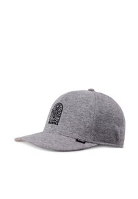 Gray baseball cap made of soft fabric, featuring a black embroidered logo, curved brim, and a snapback closure at the back.