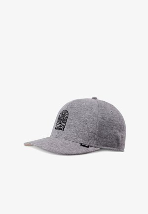 Gray baseball cap made of soft fabric, featuring a black embroidered logo, curved brim, and a snapback closure at the back.
