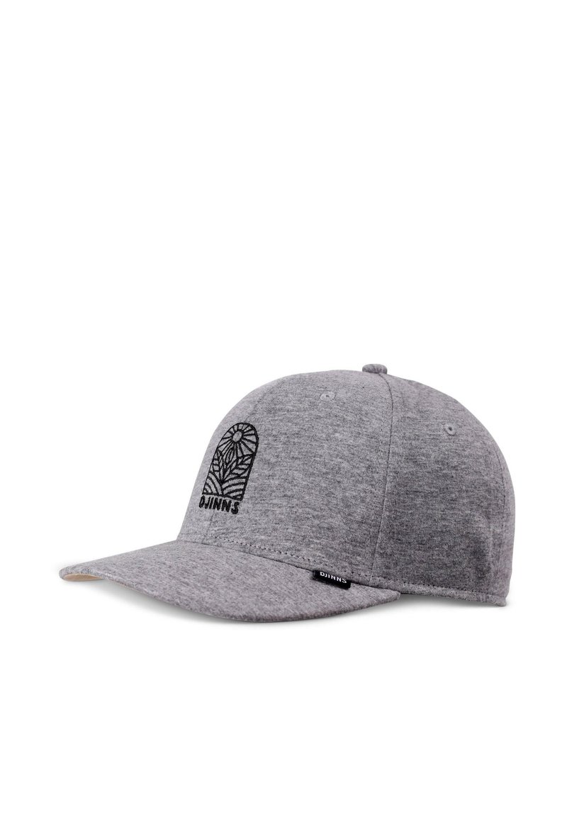 Gray baseball cap made of soft fabric, featuring a black embroidered logo, curved brim, and a snapback closure at the back.