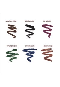 Farbenmuster von sechs Kosmetiknuancen: Barbella Brown, Bedroom Black, Fig Smoulder, Hypnotic Peacock, Sapphire Nights und Smokey Bronze.