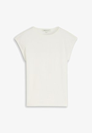 White sleeveless crew neck top with slightly extended shoulder seams and a small size label at the neckline.