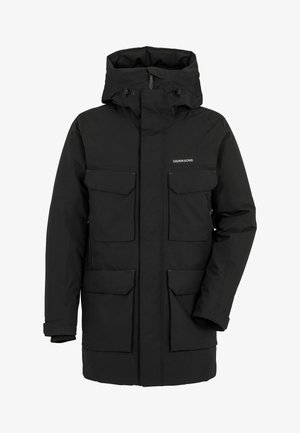 Czarna zimowa kurtka parka z kapturem, czterema kieszeniami z patkami z przodu, zamkiem błyskawicznym i zapięciem na zatrzaski oraz logo Didriksons na piersi.