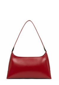 Borsa a tracolla in pelle rossa con parte superiore curva, corpo rettangolare piatto e una sola cinghia. Presenta una texture liscia e dettagli di cucitura sottili.