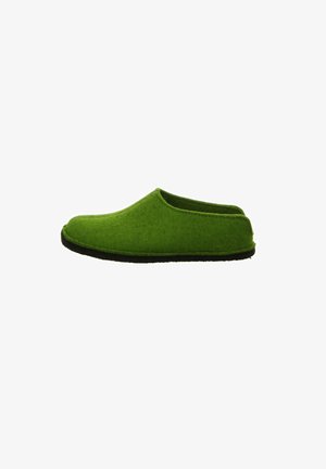 Chausson en feutre vert avec un bout arrondi, un dos bas et une semelle en caoutchouc noir. La texture est douce, présentant un design sans couture et un style minimaliste.