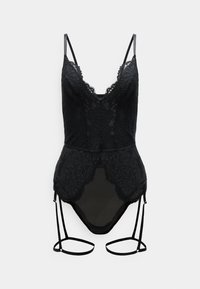 Μαύρο κορμάκι δαντέλας με λεπτές τιράντες ώμων, σχέδια με άνθη από δαντέλα και δεμένες τιράντες ζαρτιέρας σε απλό λευκό φόντο.