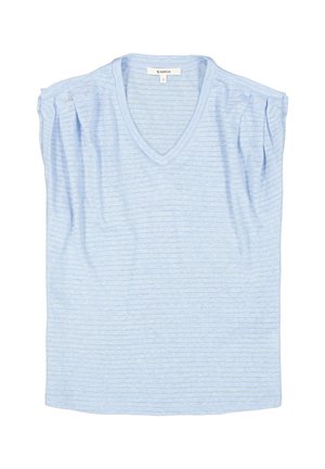 Light blue short-sleeve top with a V-neck and subtle horizontal stripes. Features gathered shoulder detailing and a relaxed fit.