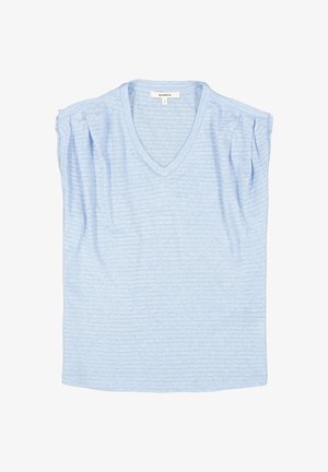 Lichtblauw shirt met korte mouwen en een V-hals, voorzien van subtiele horizontale strepen. Het heeft gathered schouderdetails en een losse pasvorm.