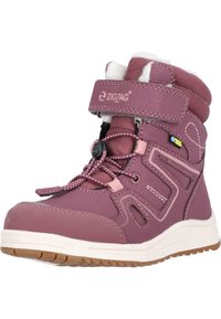 Bottes montantes synthétiques violettes avec doublure en fausse fourrure blanche, sangle ajustable et semelle en caoutchouc texturée dotée d'un motif. Étiquette imperméable incluse.