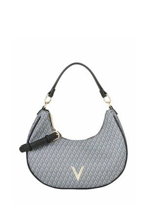 Borsa a spalla grigia con motivo, forma curva, dettagli neri e accessori dorati. Presenta una tracolla staccabile e chiusura con zip.