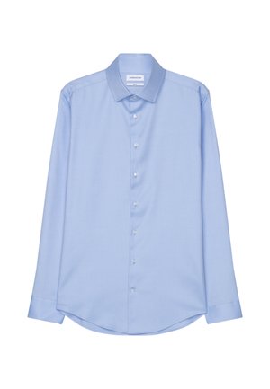 Camicia da uomo a maniche lunghe di colore blu, realizzata in tessuto morbido, con colletto all'americana, chiusura con bottoni e orlo arrotondato con polsini a bottone.