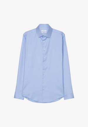 Camicia da uomo a maniche lunghe di colore blu, realizzata in tessuto morbido, con colletto all'americana, chiusura con bottoni e orlo arrotondato con polsini a bottone.