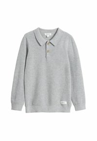 Ljusgrå stickad polo med lång ärm, en krage och tre träknappar. Strukturerad mönster på tyget; liten etikett på fållen.