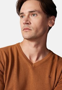 Sweter w serek w ciepłym brązowym kolorze, dzianiny o drobnej strukturze, z małym logo na piersi oraz ściągaczami przy dekolcie i mankietach.