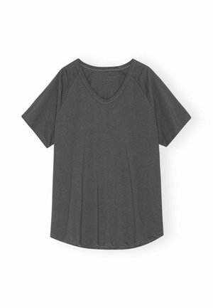 Sötétszürke rövid ujjú V-nyakú póló raglán ujjakkal, fehér háttéren vízszintesen elhelyezve.