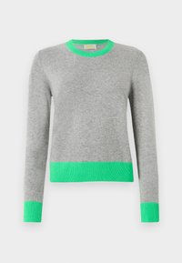 Suéter cinza de mangas longas com gola, punhos e bainha canelados em verde brilhante, exibido contra um fundo branco simples.