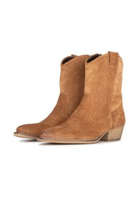 Botas vaqueras de ante marrón con puntas afiladas, patrones de costura decorativos y un tacón bajo apilado. La textura parece suave con un acabado mate.