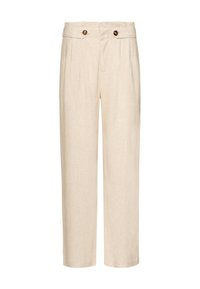 Beige Leinenhose mit entspanntem Schnitt, hoher Taille, zwei vorderen Falten und zwei braunen Knöpfen am Bund.