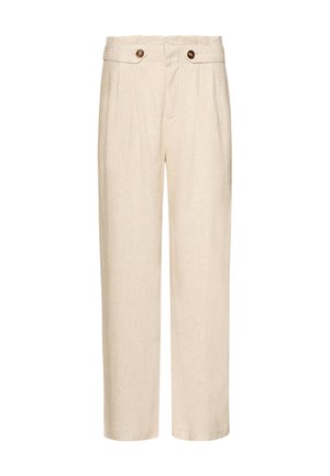 Beige Leinenhose mit entspanntem Schnitt, hoher Taille, zwei vorderen Falten und zwei braunen Knöpfen am Bund.