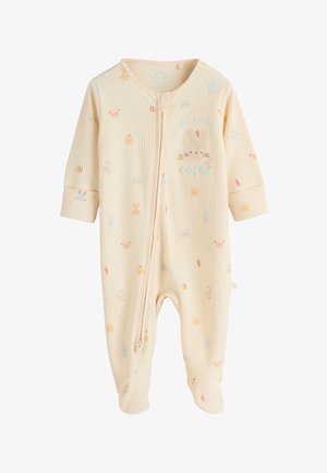 Body de bebé en color crema con tejido acanalado, cierre de cremallera en la parte delantera, piernas con pies y pequeños estampados pastel de animales y arcoíris, con cara de conejo y texto "Mi primer Easter".
