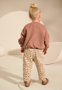 Brązowa bluza z prążkowanymi mankietami, zestawiona z beżowymi spodniami w leopardzi wzór. Na nogach brązowe sandały. Tło przedstawia miękkie, neutralne kształty.