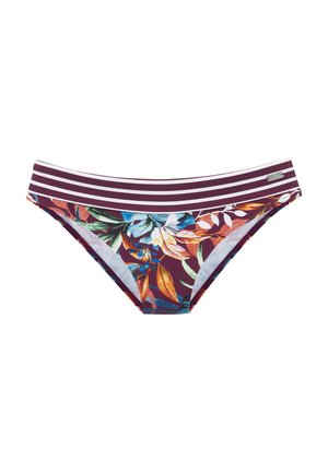 Nízky strih bikinových nohavičiek s pásom v maroonovej a bielej horizontálnej pruhovanej farbe a viacfarebnou potlačou tropických listov na tele.