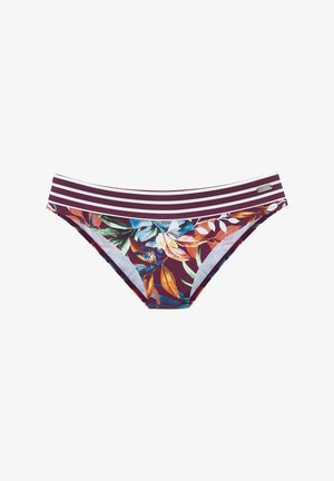 Low-rise bikinibroekje met een tailleband met horizontale strepen in bordeauxrood en wit en een meerkleurige tropische bladprint op het lichaam.