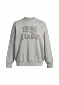 Gray sweatshirt with "UNDER ARMOUR" printed in bold black letters. Features a crew neck, long sleeves, and ribbed cuffs. Soft texture.