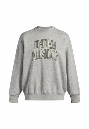 Hall gray dressipluus, millel on suurte mustade tähtedega prinditud "UNDER ARMOUR". Omab ümarat kaela, pikki varrukaid ja soonikkoes mansette. Pehme tekstuur.