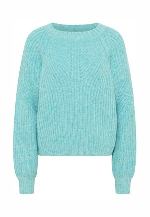 Pulover ușor albastru, realizat dintr-un material texturat, având un decolteu la baza gâtului și manșete ribbate, cu o croială relaxată și un aspect moale.