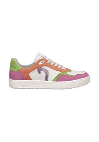 White sneaker with mixed materials: suede in green, pink, and orange accents; mesh panels; a metallic detail; textured rubber sole.