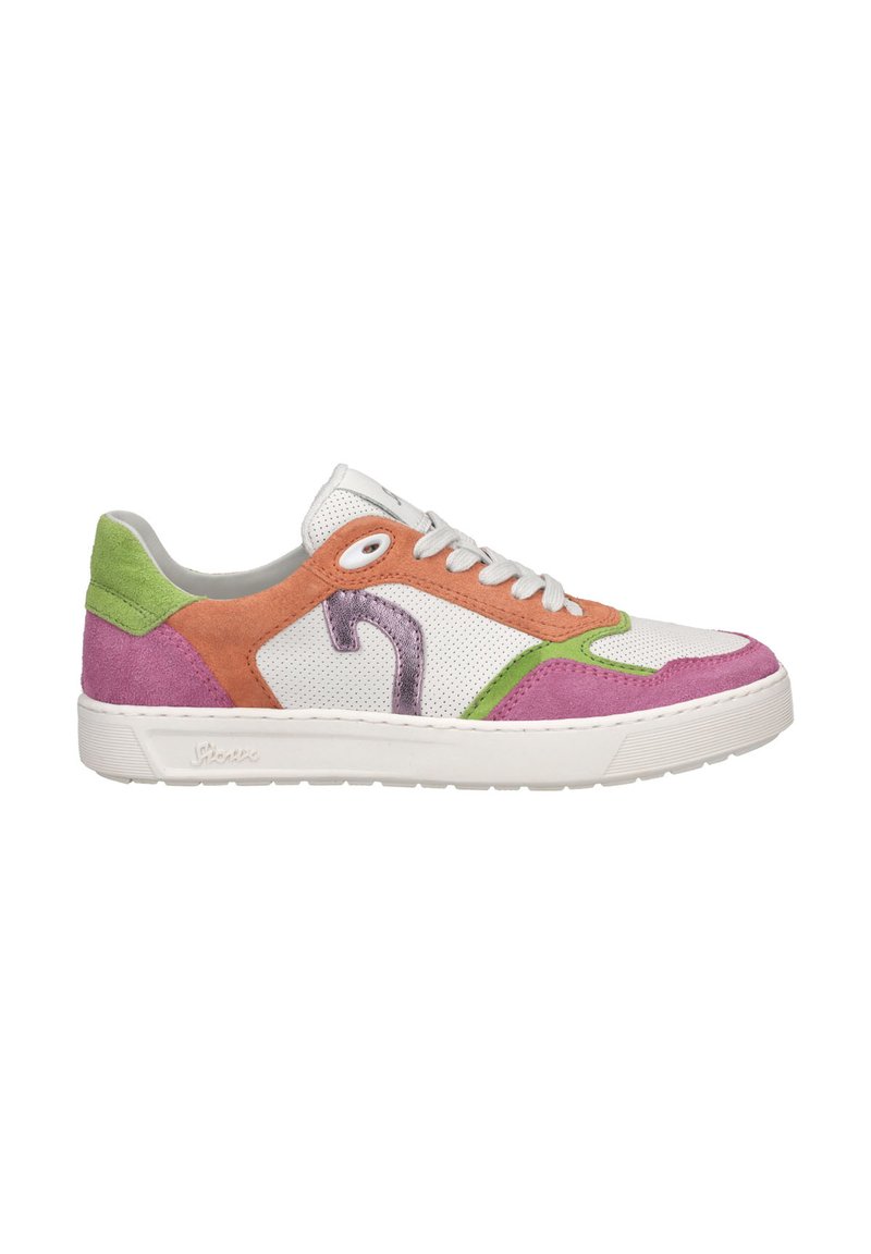 White sneaker with mixed materials: suede in green, pink, and orange accents; mesh panels; a metallic detail; textured rubber sole.
