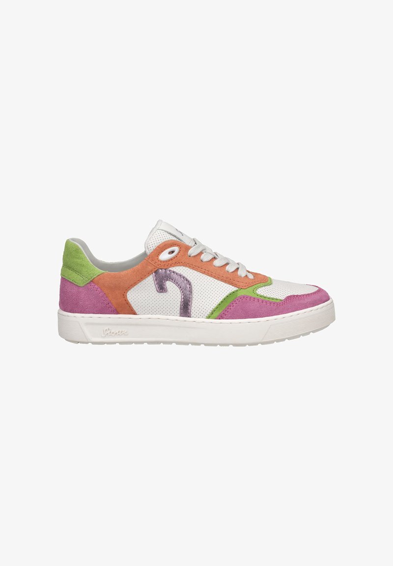 White sneaker with mixed materials: suede in green, pink, and orange accents; mesh panels; a metallic detail; textured rubber sole.