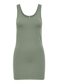 Green tank top in a soft, stretchy fabric. Features a scoop neckline and sleeveless design. Smooth texture without patterns or accents.