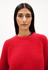 Roter Strickpullover mit Rundhalsausschnitt, gerippter Textur und Raglanärmeln, vor einem schlichten weißen Hintergrund.