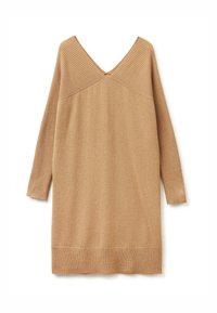 Vestito a maglia color beige chiaro con maniche lunghe, scollatura a V e texture a coste sulle spalle e sull'orlo. Tessuto del corpo liscio, design informale.