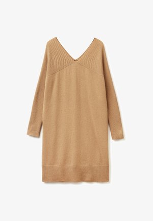 Vestito a maglia color beige chiaro con maniche lunghe, scollatura a V e texture a coste sulle spalle e sull'orlo. Tessuto del corpo liscio, design informale.