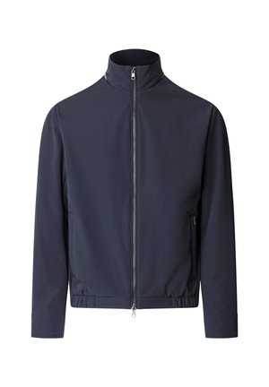 Granatowa, długorękawowa kurtka z wysokim kołnierzem, przednim zamkiem błyskawicznym i elastycznym paskiem w talii, prezentowana na białym tle.