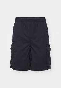 Shorts cargo bleu marine avec une taille élastique, dotés de deux poches zippées sur les côtés et d'un tissu texturé. Conçus pour le confort et la praticité.